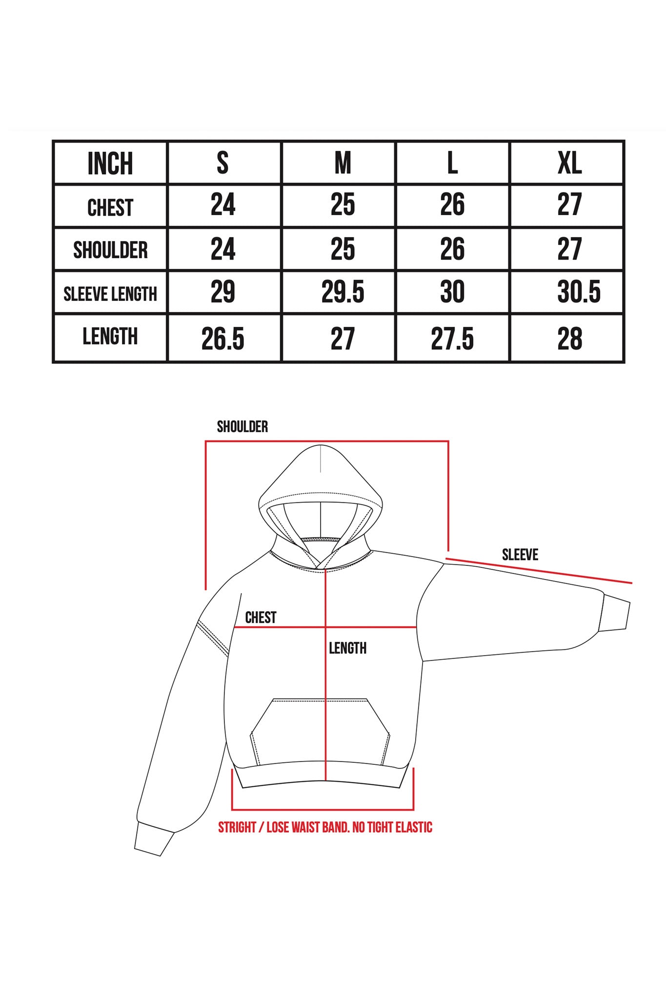 Uso Wanai hoodie size chart showing measurements for S-XL in inches including chest (24-27"), shoulder (24-27"), sleeve length (29-30.5"), and total length (26.5-28"), with straight/loose waistband detail