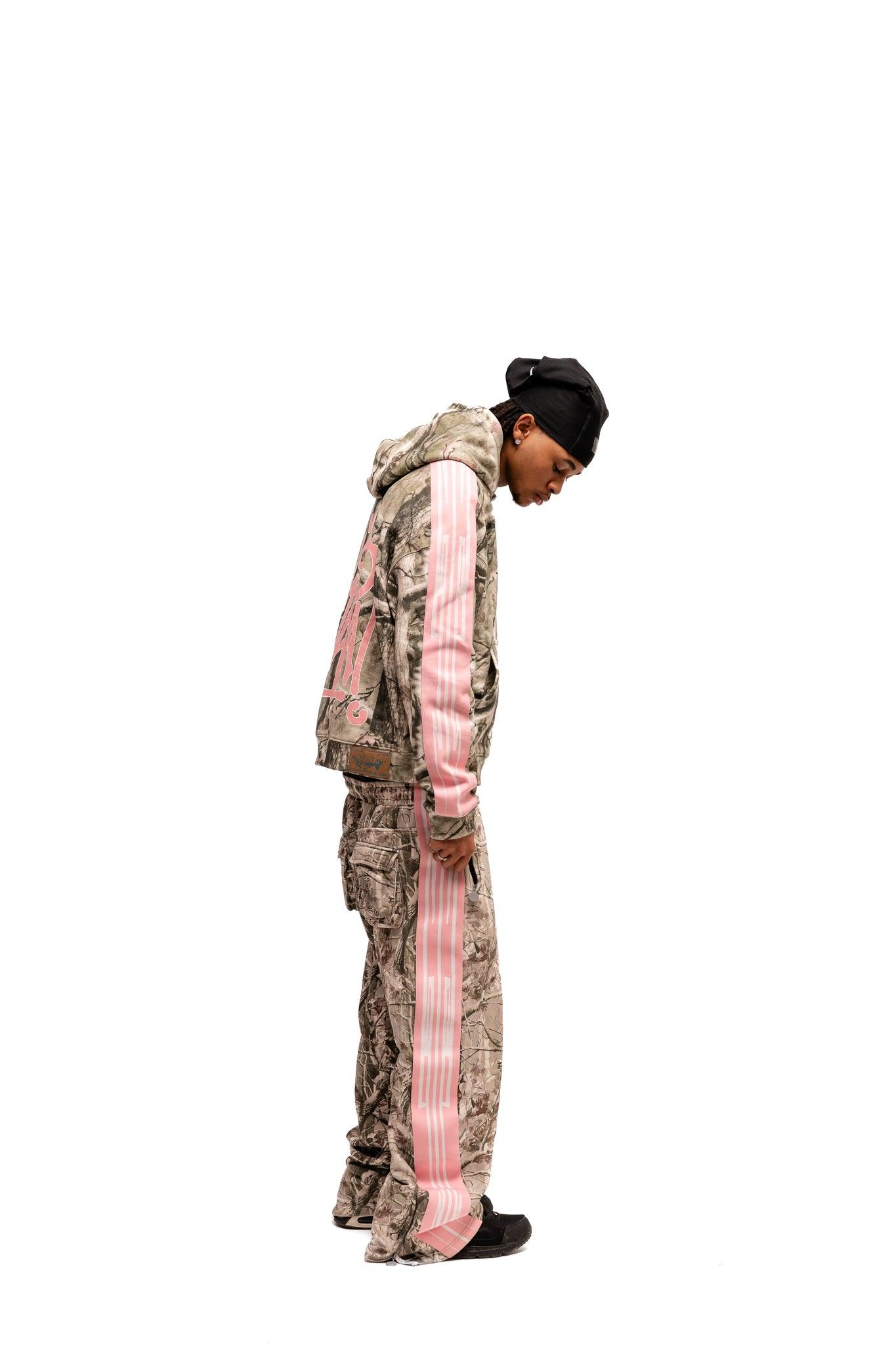 Uso Wanai Real Tree Camo Hoodie side profile view showing pink accent stripe details and oversized boxing fit, 400 GSM French Terry