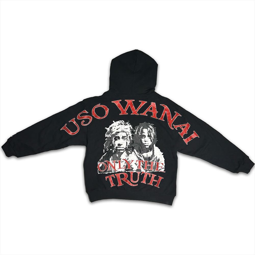 Uso Wanai Red Revel Zip-Up Hoodie back design detail showing red glitter puff print logo and "ONLY THE TRUTH" slogan with two-color portrait graphic on 400 GSM black French Terry