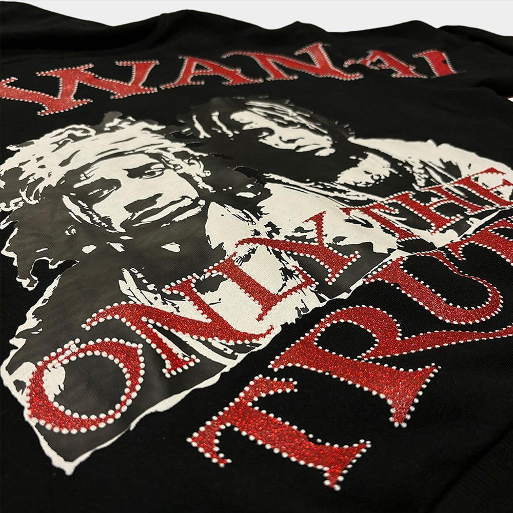 Uso Wanai Red Revel Zip-Up Hoodie back view flat lay showing red glitter puff print "USO WANAI" logo, portrait design, and "ONLY THE TRUTH" slogan on premium 400 GSM black French Terry