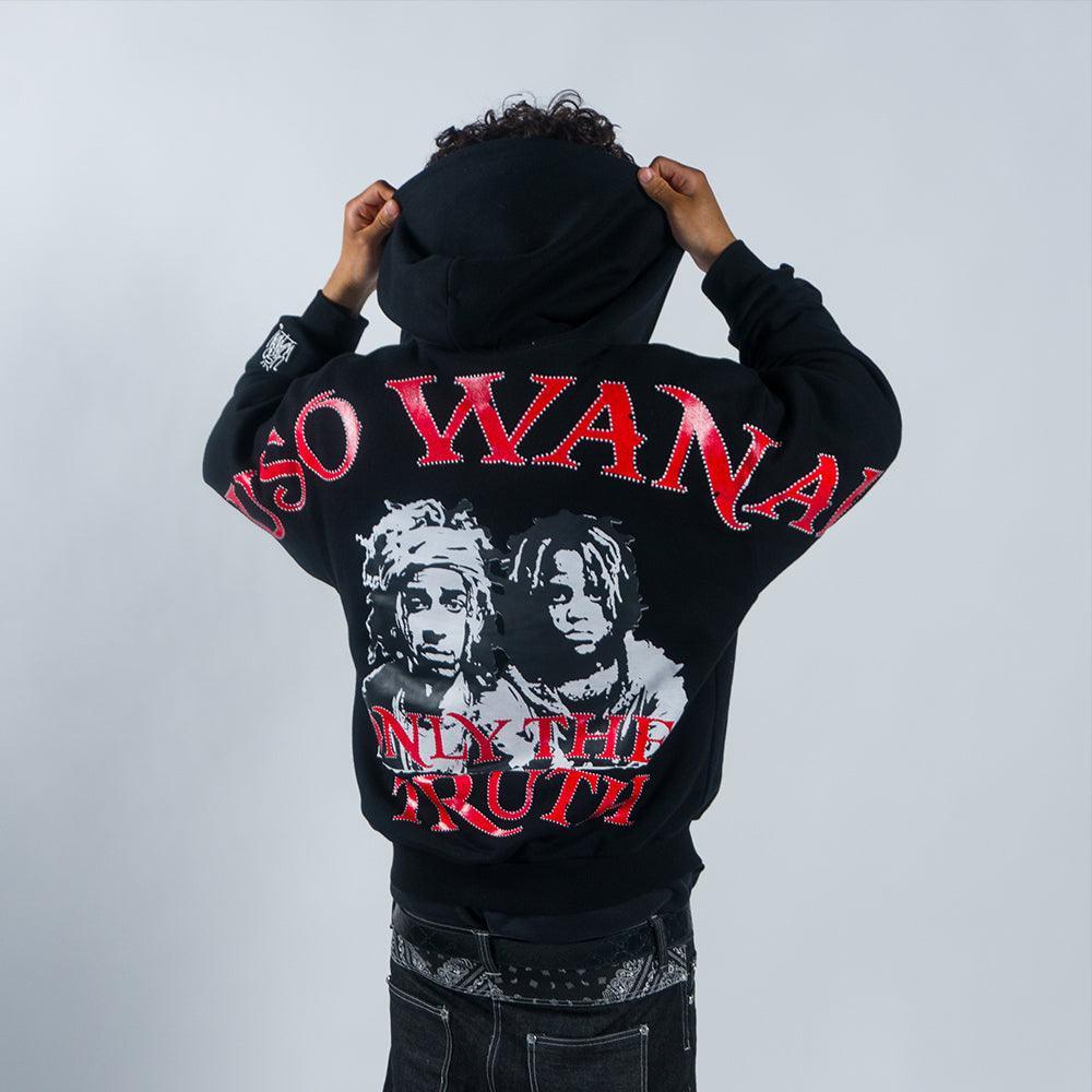 Uso Wanai Red Revel Zip-Up Hoodie front view showing 400 GSM black French Terry fabric, premium YKK silver zipper, kangaroo pockets and sleeve embroidery detail