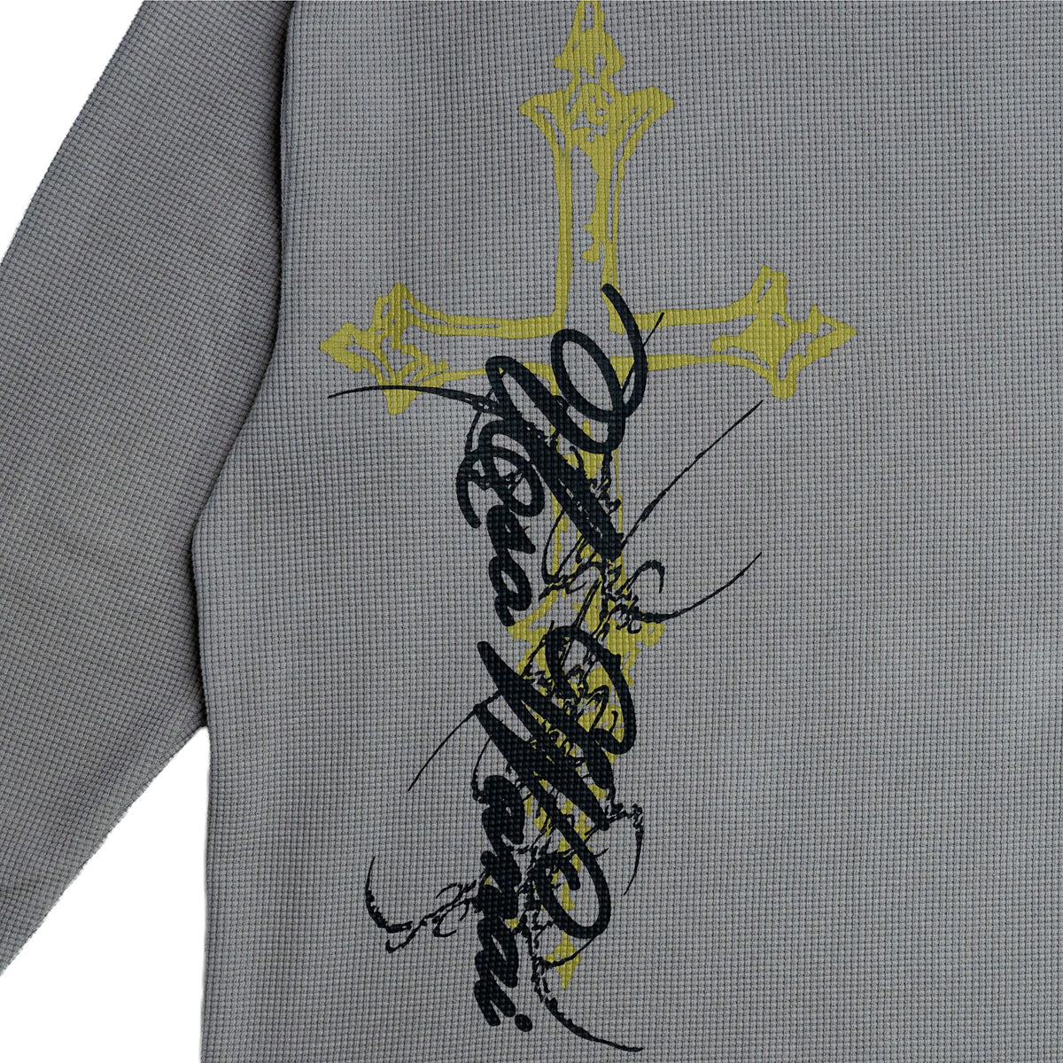 Back of the Cyber Sigilism Thermal, yellow gothic cross with black Uso Wanai script