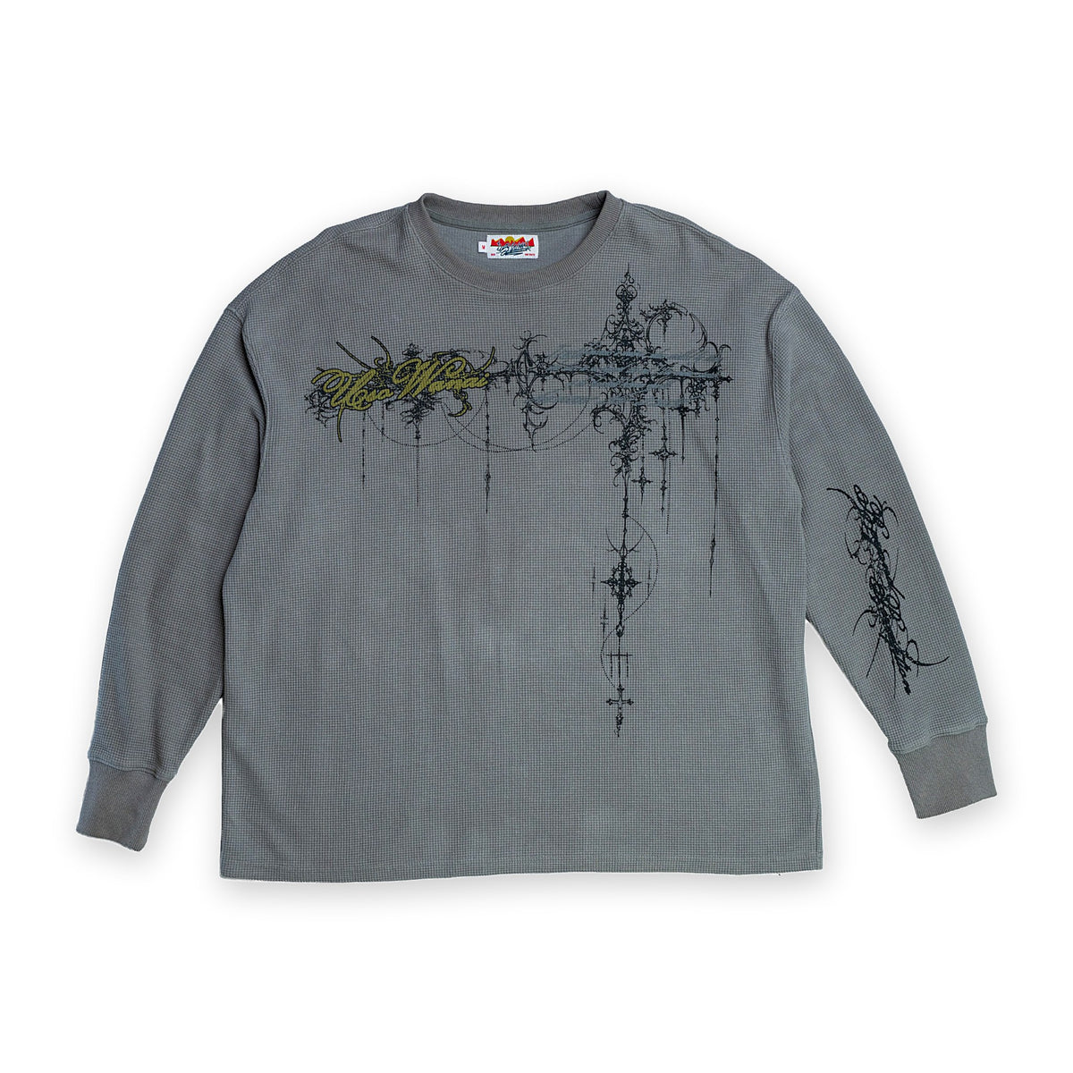 Cyber Sigilism Thermal grey waffle knit long sleeve, front, chest print with Uso Wanai script