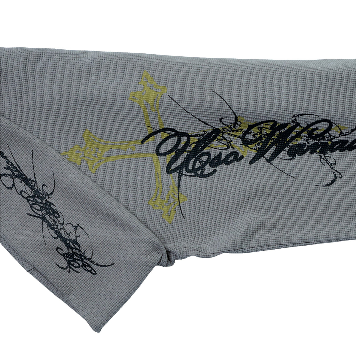 Sleeve print and back cross print on the Cyber Sigilism Thermal, folded