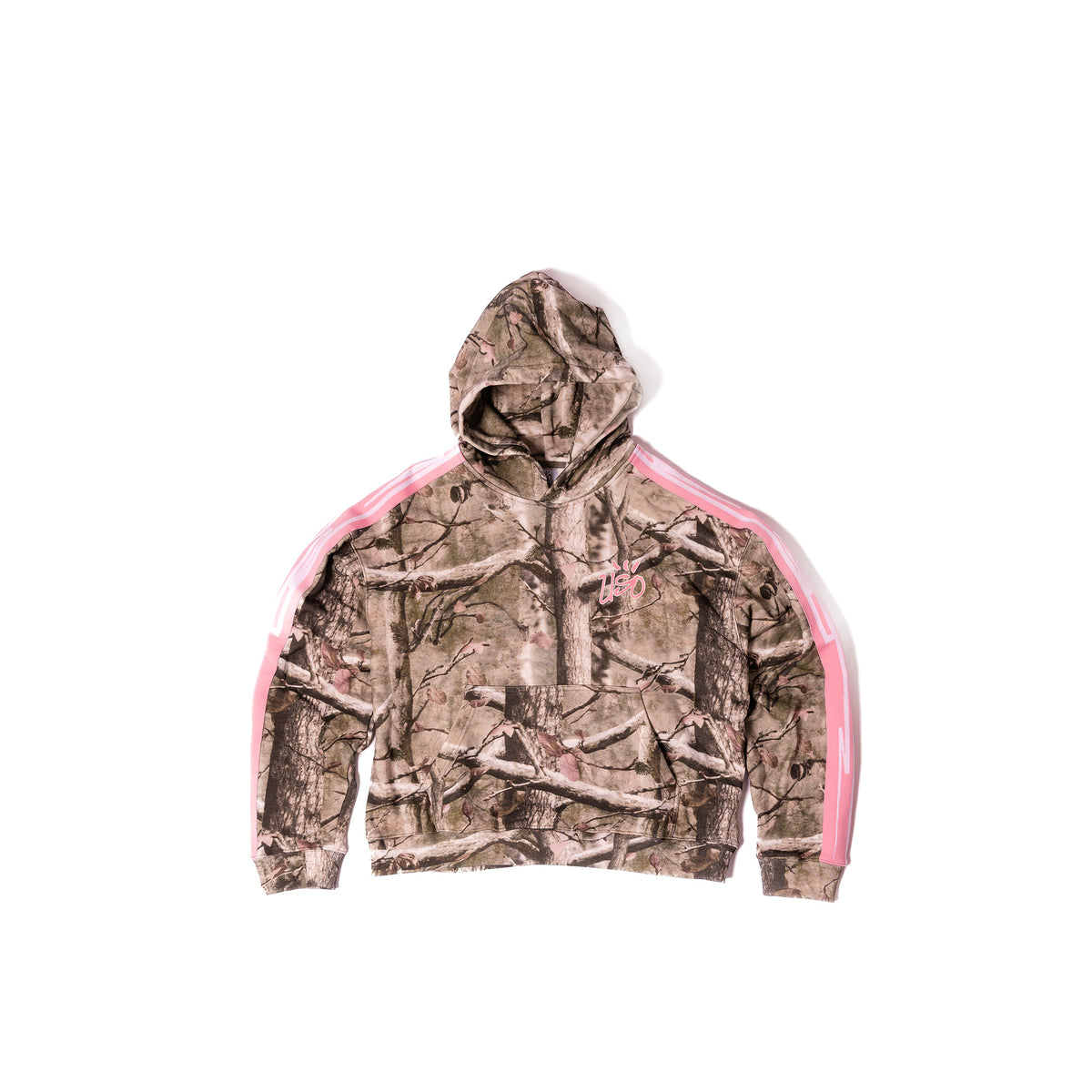 Uso Wanai Real Tree camo hoodie, front view with hood up, 400 GSM cotton French terry