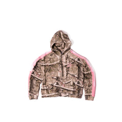 Uso Wanai Real Tree camo hoodie, front view with hood up, 400 GSM cotton French terry