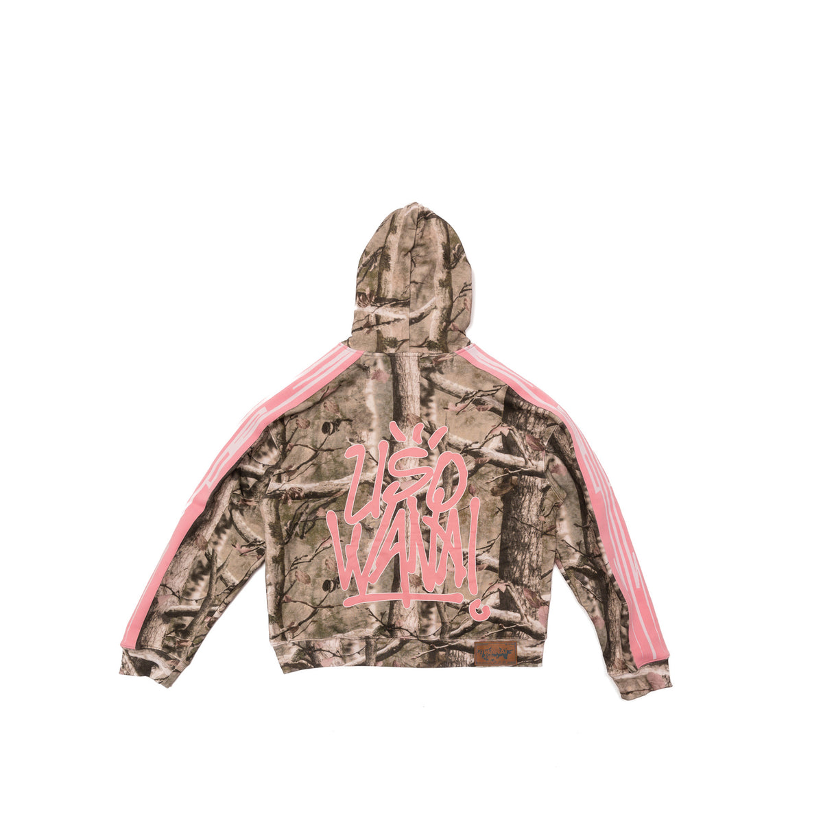 Uso Wanai Real Tree camo hoodie, back view with hood up showing pink logo print