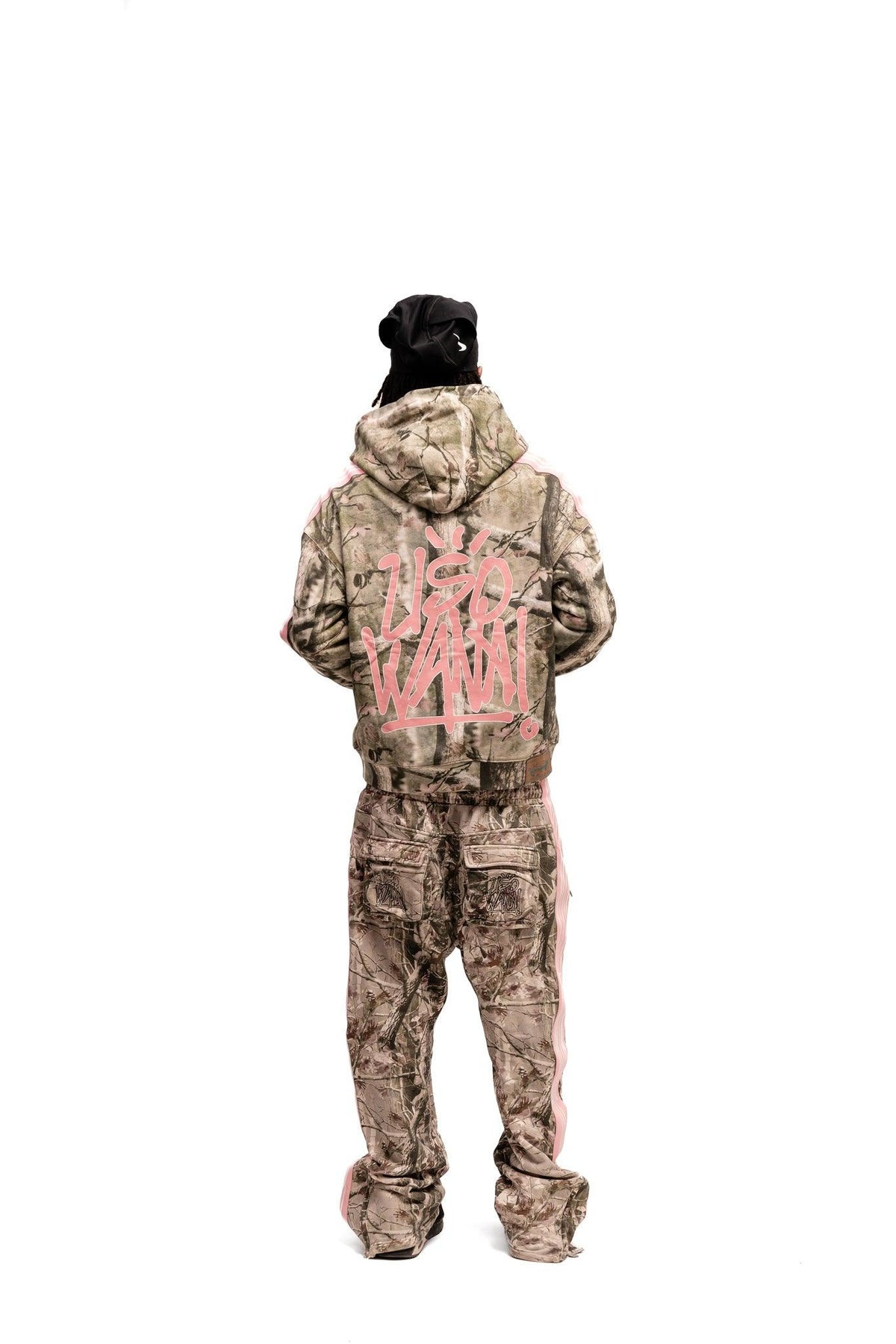 Uso Wanai Real Tree Camo Hoodie back view showing large logo print on holographic background, 400 GSM French Terry